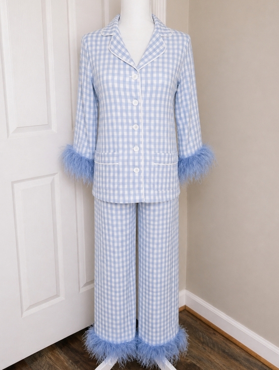 Sleeper Other - SLEEPER Blue Gingham Feather Trim Pajama Set Bridal Wedding Morning Ostrich